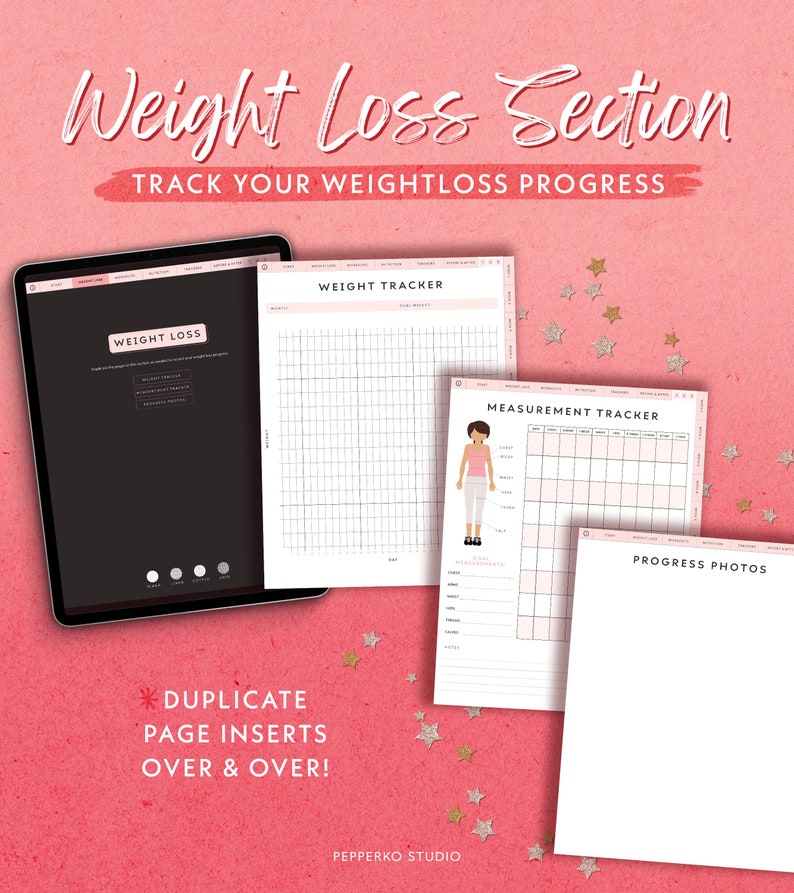 May include: A digital weight loss tracker with sections for weight, measurements, and progress photos. The tracker has a pink background with gold stars and the text "Weight Loss Section" and "Track Your Weightloss Progress".