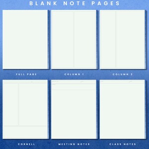May include: A set of blank note pages with different layouts, including full page, column, Cornell, meeting notes, and class notes. The pages are white with light blue lines.