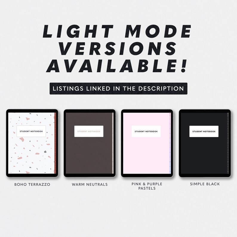 May include: Four digital planner covers with different designs. The first cover is a terrazzo pattern with pink and grey accents. The second cover is a warm neutral brown. The third cover is a light pink with a purple accent. The fourth cover is black. Each cover has the text "Student Notebook" at the top.