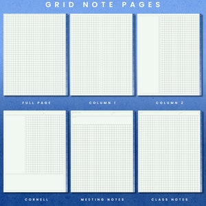 May include: Six different grid note page templates. The templates are labeled "Full Page", "Column 1", "Column 2", "Cornell", "Meeting Notes", and "Class Notes".