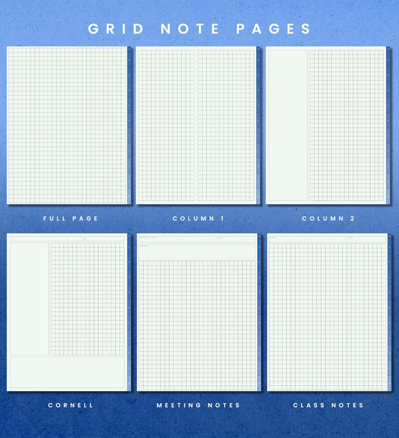 May include: Six different grid note page templates. The templates are labeled "Full Page", "Column 1", "Column 2", "Cornell", "Meeting Notes", and "Class Notes".
