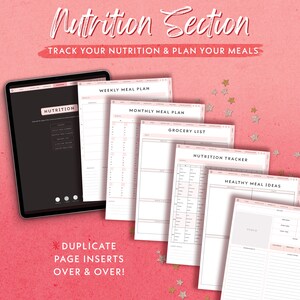 May include: A set of printable nutrition planner pages with pink accents. The pages include sections for weekly and monthly meal plans, a grocery list, a nutrition tracker, and healthy meal ideas.