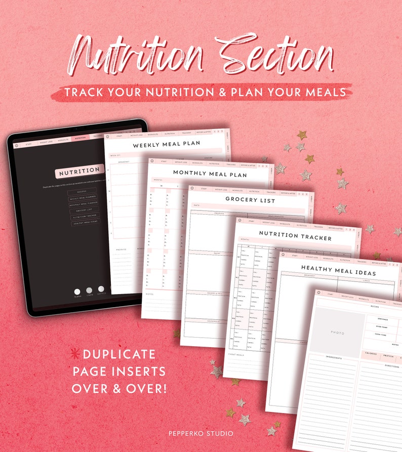 May include: A set of printable nutrition planner pages with pink accents. The pages include sections for weekly and monthly meal plans, a grocery list, a nutrition tracker, and healthy meal ideas.