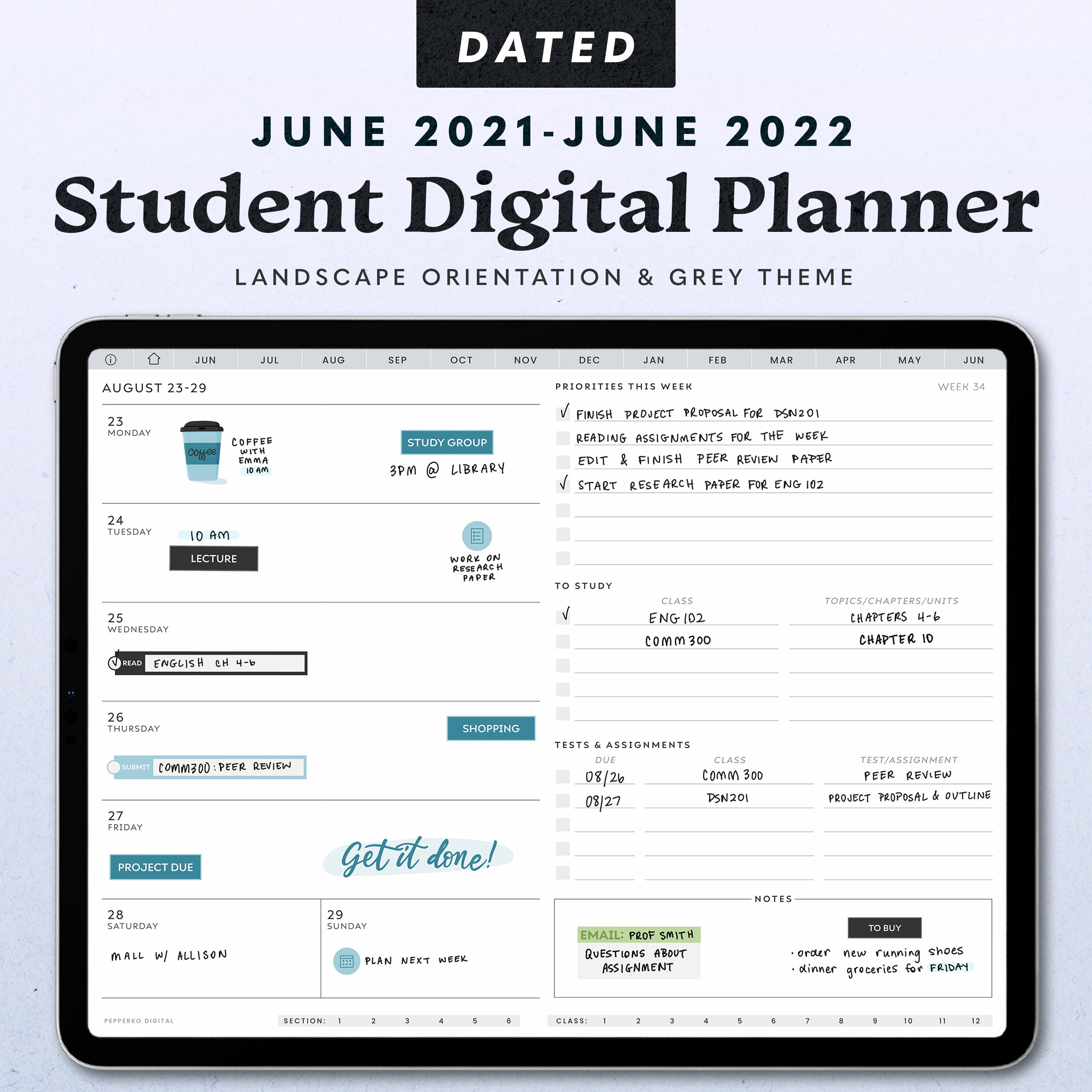 June 2021-June 2022 Landscape Student Digital Planner | Midyear Acade…