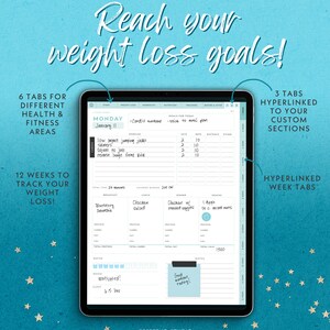 May include: A digital tablet displaying a weight loss planner with the text "Reach your weight loss goals!". The planner includes sections for workouts, nutrition, and trackers. The screen shows a daily schedule with exercise details and meal planning. The background is a gradient of blue with gold stars.