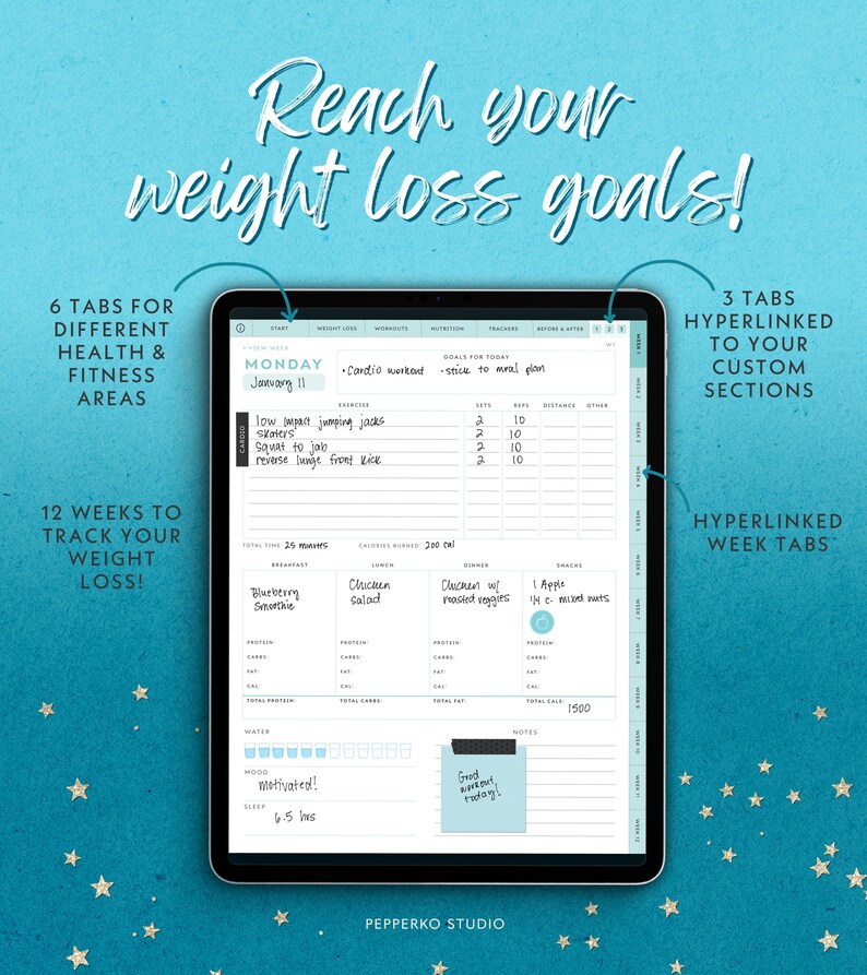 May include: A digital tablet displaying a weight loss planner with the text "Reach your weight loss goals!". The planner includes sections for workouts, nutrition, and trackers. The screen shows a daily schedule with exercise details and meal planning. The background is a gradient of blue with gold stars.