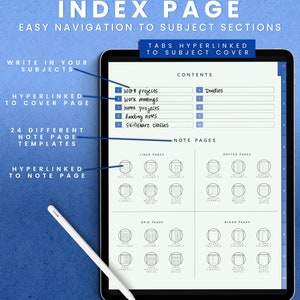 May include: A digital tablet screen displaying a page with the title "Index Page" and the text "Easy Navigation to Subject Sections". The page is divided into two sections: "Contents" and "Note Pages". The "Contents" section lists various subjects, such as "Work Projects", "Work Meetings", "Home Projects", "Reading Notes", and "Skillshare Classes". The "Note Pages" section shows different types of note pages, including lined, dotted, grid, and blank pages.