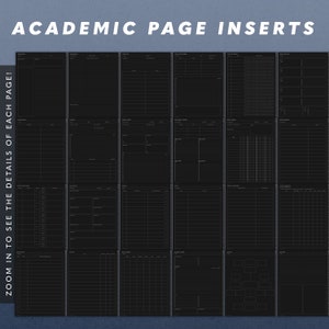 May include: A set of 16 printable academic planner page inserts. The pages are black with white lines and grids. The pages include various layouts for note-taking, scheduling, and tracking.