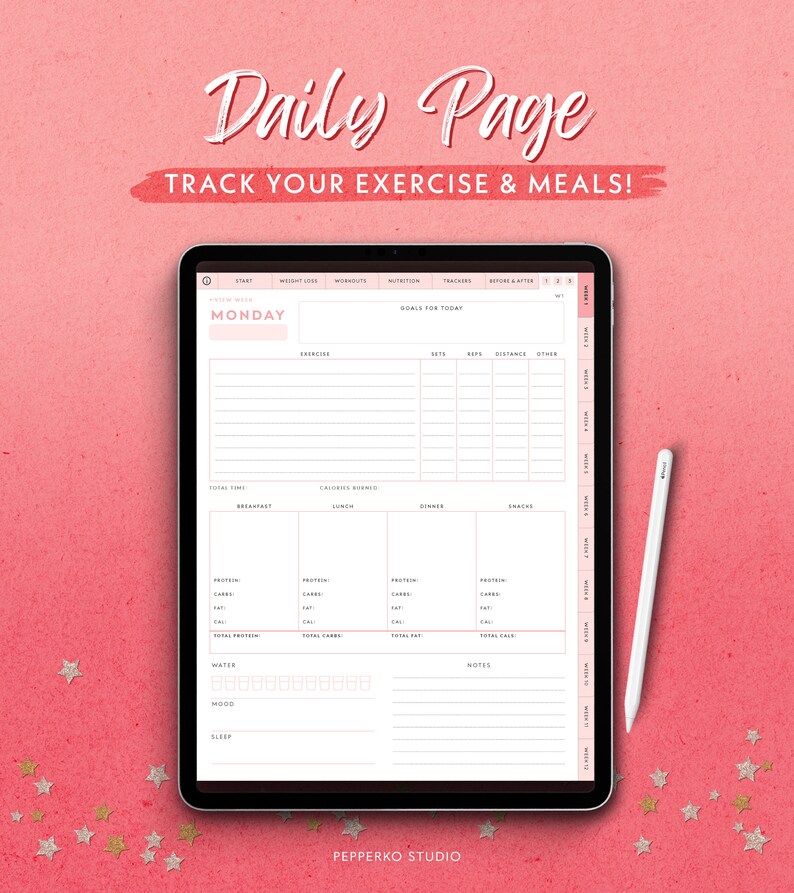 May include: A digital planner on a tablet screen with the text "Daily Page" and "Track Your Exercise & Meals!"  The planner includes sections for tracking weight loss, workouts, nutrition, trackers, before and after, goals for today, exercise, sets, reps, distance, other, total time, calories burned, breakfast, lunch, dinner, snacks, protein, carbs, fat, calories, total protein, total carbs, total fat, total calories, water, mood, sleep, and notes.