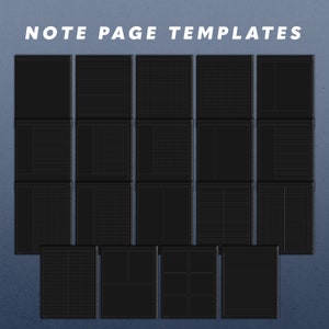 May include: A set of 18 black and white note page templates. The templates feature different grid and lined layouts for note taking, journaling, and planning.