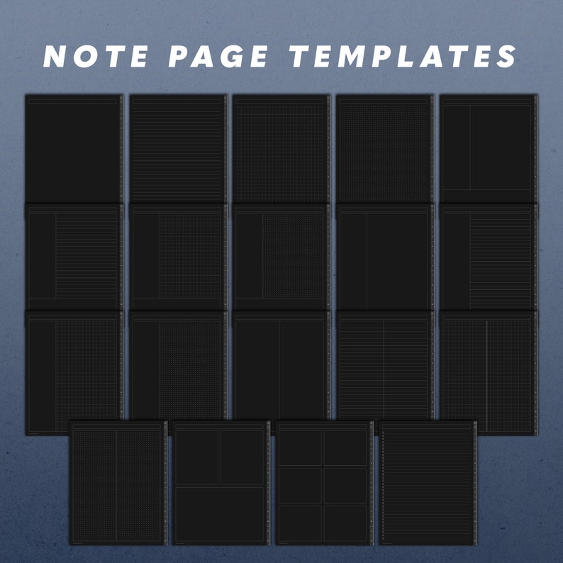 May include: A set of 18 black and white note page templates. The templates feature different grid and lined layouts for note taking, journaling, and planning.