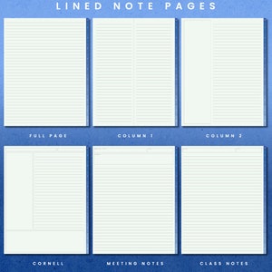 May include: Four different lined note page templates. The first template is a full page, the second is a column format with two columns, the third is a Cornell note page, and the fourth is a meeting notes page.