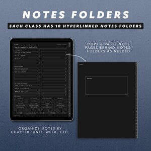 May include: A black and white digital planner with the text "NOTES FOLDERS" and "EACH CLASS HAS 10 HYPERLINKED NOTES FOLDERS". The planner is divided into sections for different classes, units, and weeks. The planner is designed to help students organise their notes and study materials.