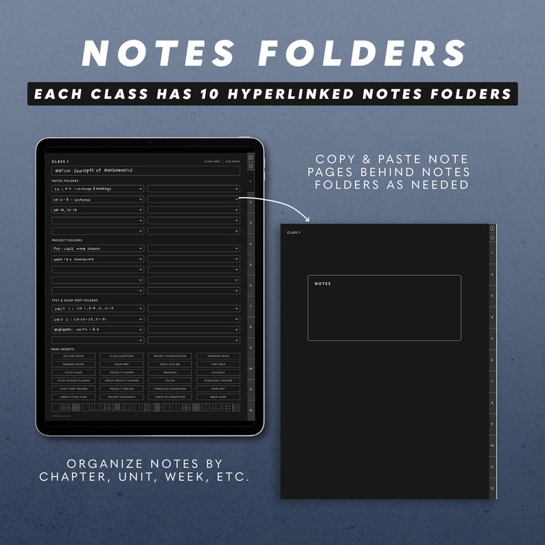 May include: A black and white digital planner with the text "NOTES FOLDERS" and "EACH CLASS HAS 10 HYPERLINKED NOTES FOLDERS". The planner is divided into sections for different classes, units, and weeks. The planner is designed to help students organise their notes and study materials.