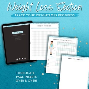 May include: A digital weight loss planner with a tablet and several printed pages. The pages include a weight tracker, measurement tracker, and progress photos section. The text reads "Weight Loss Section" and "Track Your Weightloss Progress."