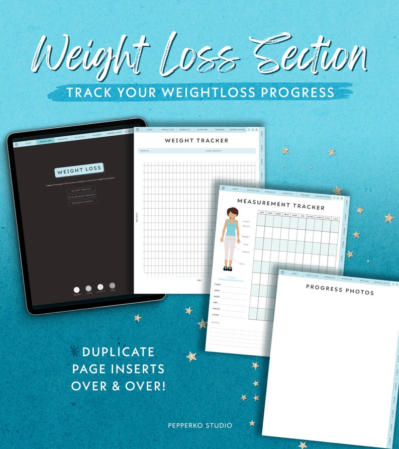May include: A digital weight loss planner with a tablet and several printed pages. The pages include a weight tracker, measurement tracker, and progress photos section. The text reads "Weight Loss Section" and "Track Your Weightloss Progress."