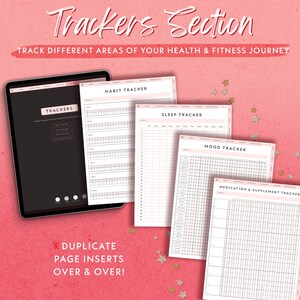 May include: A set of printable trackers for health and fitness. The trackers include sections for habits, sleep, mood, and medication and supplements. The trackers are designed to be duplicated and used over and over again.