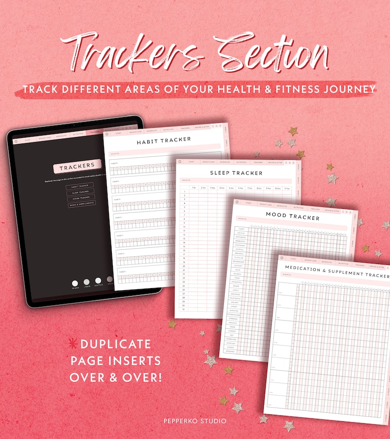 May include: A set of printable trackers for health and fitness. The trackers include sections for habits, sleep, mood, and medication and supplements. The trackers are designed to be duplicated and used over and over again.