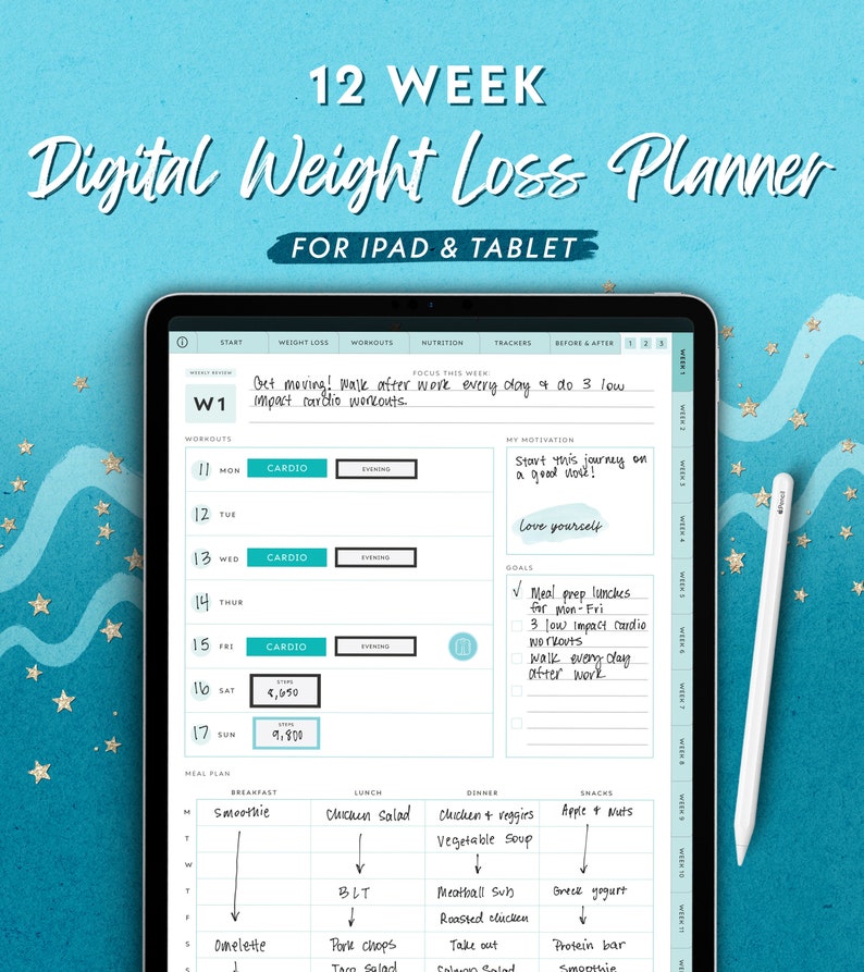 May include: A digital weight loss planner for iPad and tablet. The planner features a 12-week layout with sections for workouts, nutrition, and trackers. A white stylus rests on the side. The text includes "Get moving! Walk after work every day & do 3 low impact cardio workouts."