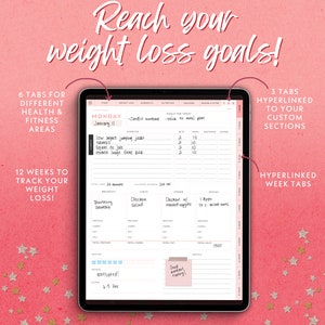 May include: A digital planner on a tablet screen with a pink background. The planner is designed to help track weight loss goals. It includes sections for tracking workouts, nutrition, and progress. The planner has a tab for each day of the week and a tab for each week of the year. The planner also includes a section for notes and a section for tracking water intake. The text on the screen reads "Reach your weight loss goals!" and "Monday, January 11".