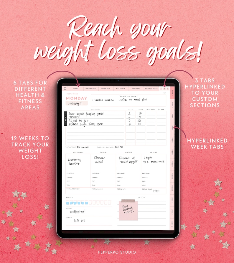 May include: A digital planner on a tablet screen with a pink background. The planner is designed to help track weight loss goals. It includes sections for tracking workouts, nutrition, and progress. The planner has a tab for each day of the week and a tab for each week of the year. The planner also includes a section for notes and a section for tracking water intake. The text on the screen reads "Reach your weight loss goals!" and "Monday, January 11".