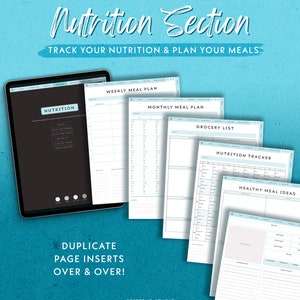 May include: A digital tablet displays a nutrition section with meal planning templates. The image includes weekly and monthly meal plans, a grocery list, and a nutrition tracker. Text reads "Track Your Nutrition & Plan Your Meals."