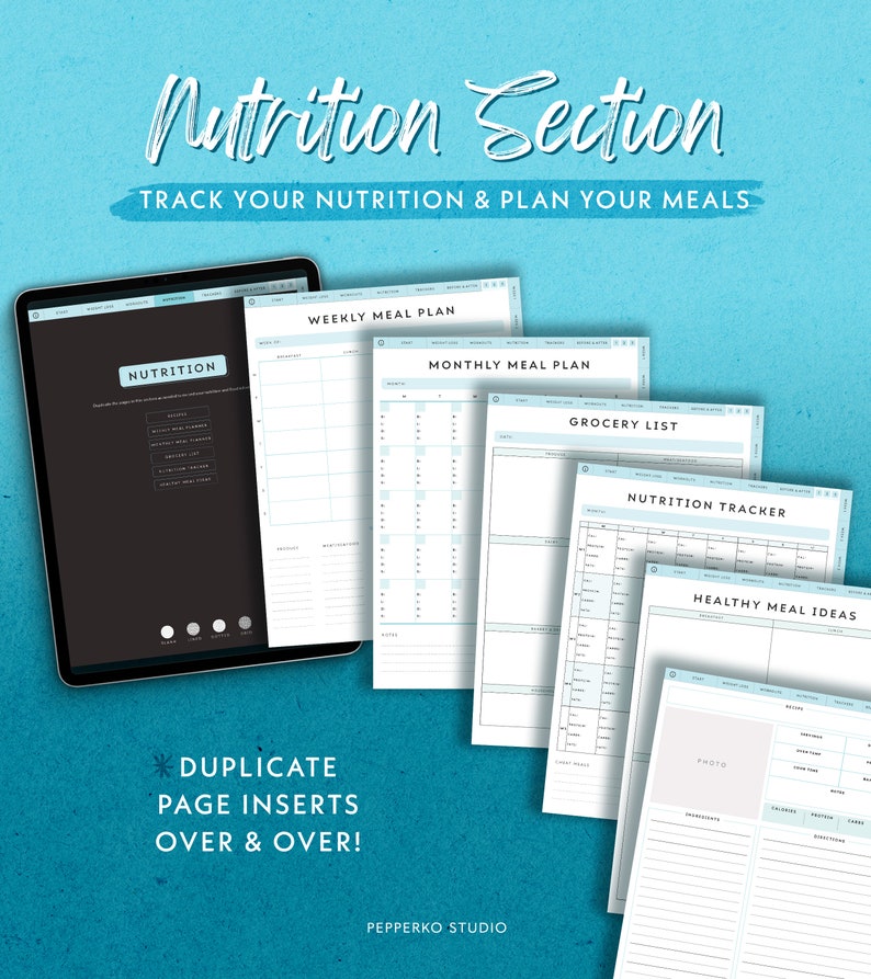 May include: A digital tablet displays a nutrition section with meal planning templates. The image includes weekly and monthly meal plans, a grocery list, and a nutrition tracker. Text reads "Track Your Nutrition & Plan Your Meals."