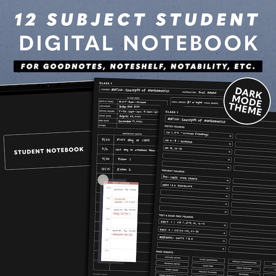 Dark Mode Digital Student Notebook for GoodNotes, Noteshelf, Notability (PDF Download)