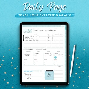 May include: A digital tablet displaying a daily exercise and meal tracker. The screen shows a workout plan with exercises like jumping jacks and squats, along with meal details. The text "Daily Page" and "Track Your Exercise & Meals!" are at the top.