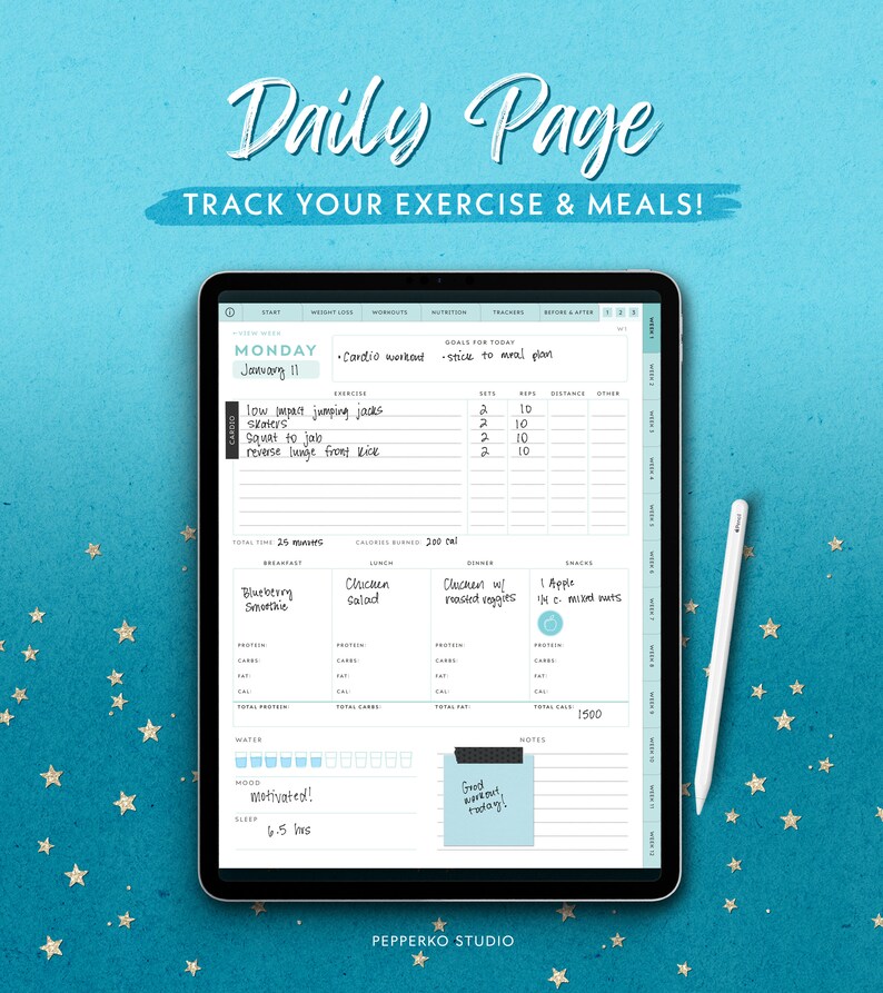 May include: A digital tablet displaying a daily exercise and meal tracker. The screen shows a workout plan with exercises like jumping jacks and squats, along with meal details. The text "Daily Page" and "Track Your Exercise & Meals!" are at the top.