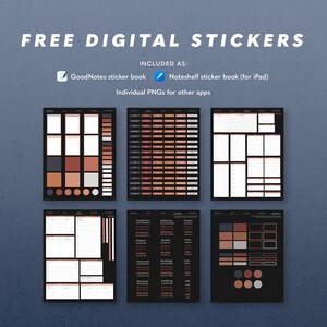 May include: A set of digital stickers for note-taking apps. The stickers are in a dark colour scheme with red, orange, and brown accents. The stickers include various shapes, sizes, and labels, such as "Chapter", "Research", "Homework", "Reading", "Studying", "Lab", and "Topic".