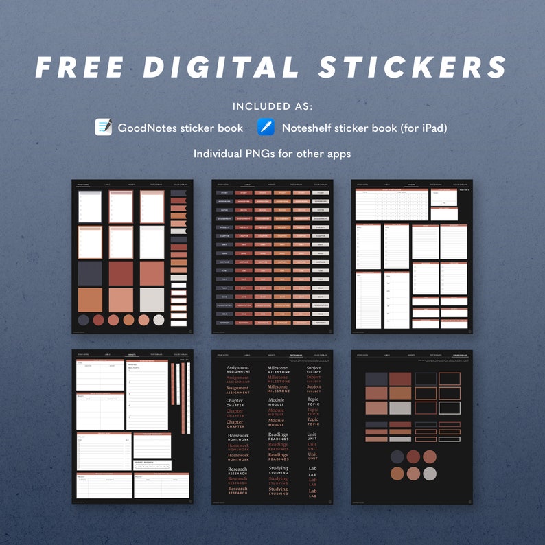 May include: A set of digital stickers for note-taking apps. The stickers are in a dark colour scheme with red, orange, and brown accents. The stickers include various shapes, sizes, and labels, such as "Chapter", "Research", "Homework", "Reading", "Studying", "Lab", and "Topic".