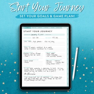 May include: A digital tablet displaying a weight loss journey template with handwritten notes. The screen shows a goal-setting plan with sections for starting weight, goals, and diet plans. A stylus pen rests on the right side. The background is teal with star accents.
