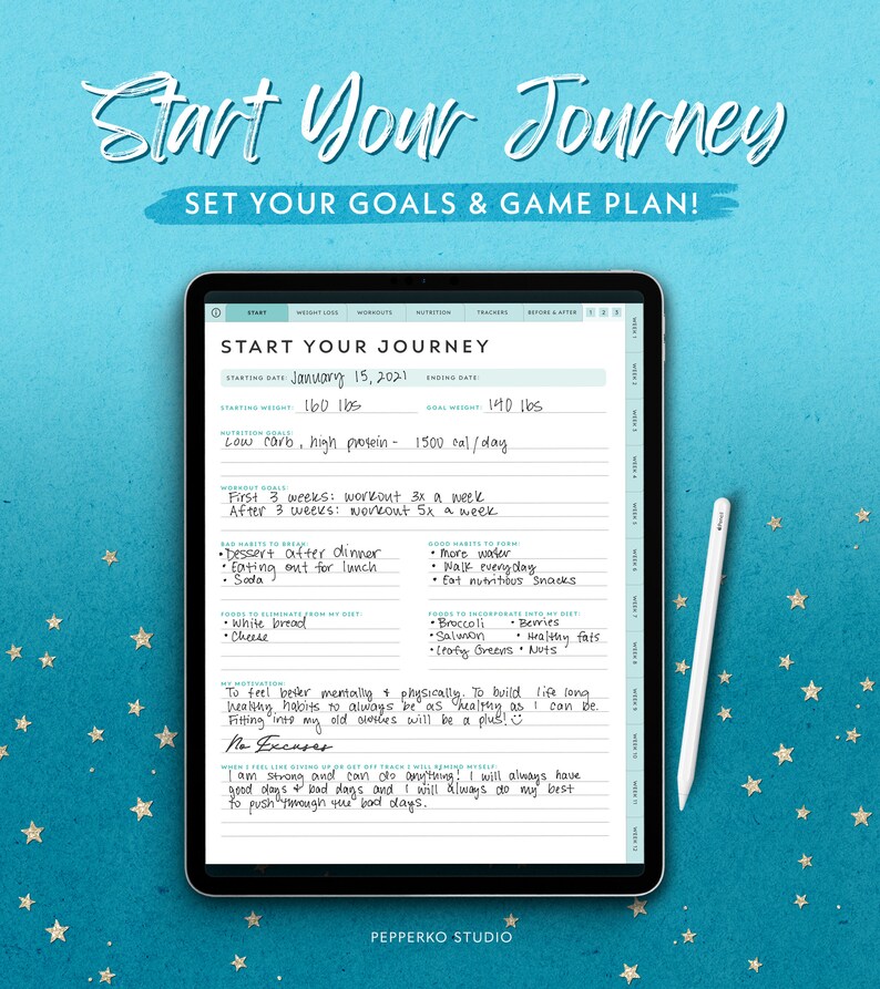 May include: A digital tablet displaying a weight loss journey template with handwritten notes. The screen shows a goal-setting plan with sections for starting weight, goals, and diet plans. A stylus pen rests on the right side. The background is teal with star accents.