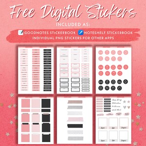 May include: A set of digital stickers for Goodnotes and Noteshelf apps. The stickers are pink and black and feature workout-related icons, text boxes, and washi tape designs. The text "Keep Going Motivation for Success" is included in the sticker set.