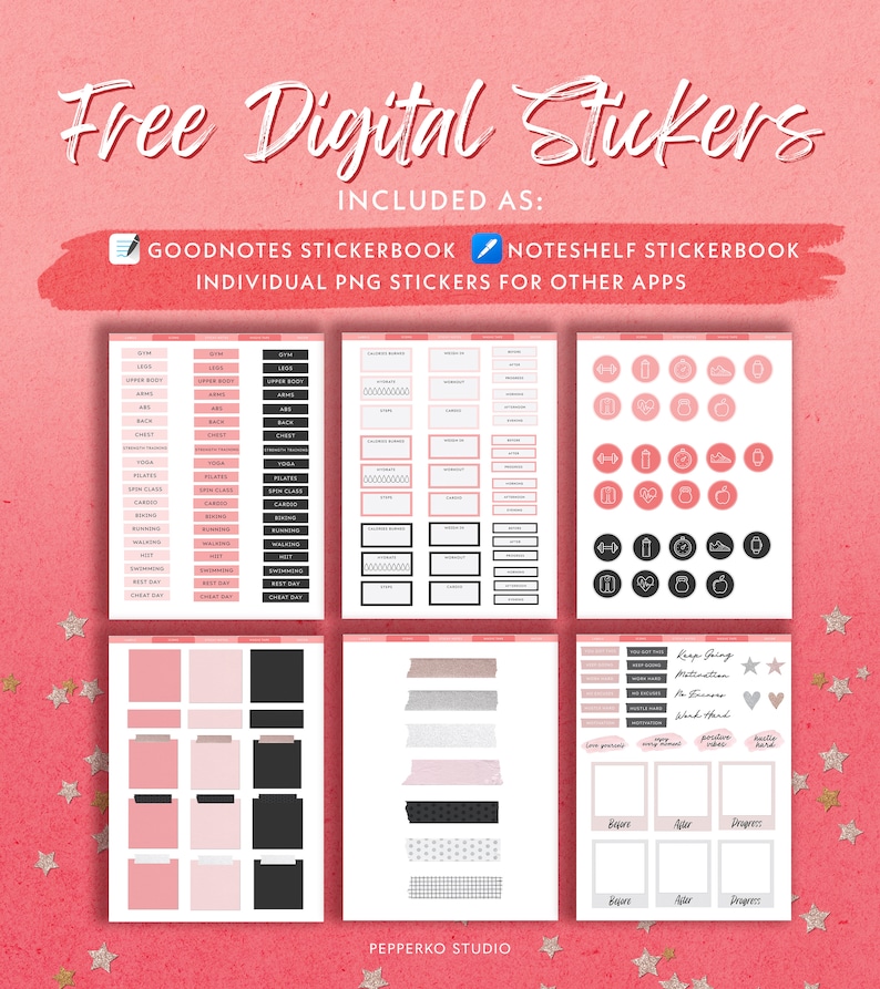 May include: A set of digital stickers for Goodnotes and Noteshelf apps. The stickers are pink and black and feature workout-related icons, text boxes, and washi tape designs. The text "Keep Going Motivation for Success" is included in the sticker set.