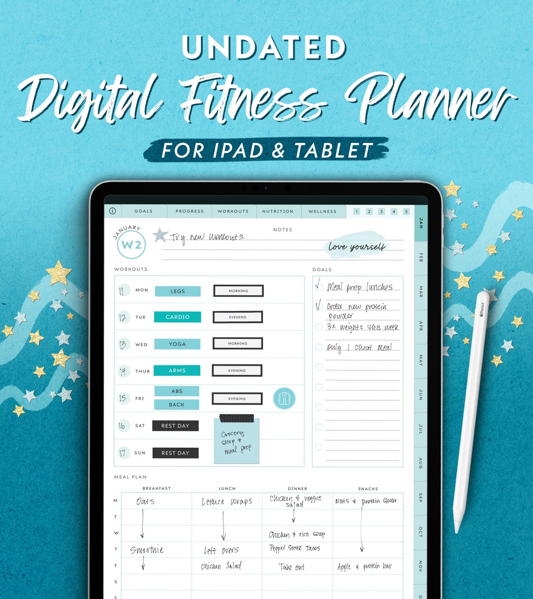 Portrait Fitness Digital Planner for iPad and Tablet | Undated Wellness ...