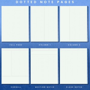 May include: A set of six printable dotted note pages in different formats, including full page, column, Cornell, meeting notes, and class notes. The pages are designed for use with a pen or pencil and are perfect for taking notes, brainstorming, or sketching.