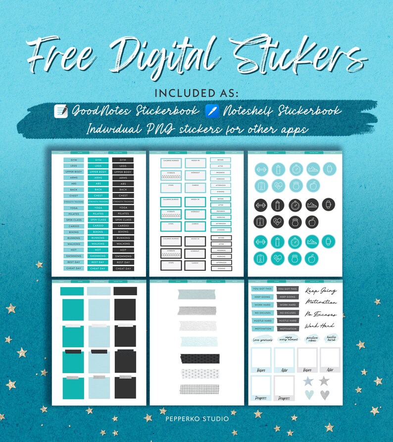May include: Digital sticker set with the text "Free Digital Stickers." Includes GoodNotes and Noteshelf stickerbooks, plus individual PNG stickers. The stickers are in various styles, including labels, icons, and motivational phrases, in shades of teal, black, and white.