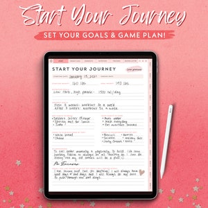 May include: A digital planner on a tablet screen with a pink background. The planner is titled "Start Your Journey" and includes sections for weight loss, workouts, nutrition, trackers, before and after, and love yourself. The planner includes a starting date of January 15, 2021, a starting weight of 160 lbs, and a goal weight of 140 lbs. The planner also includes nutrition goals of low carb, high protein, and 1500 calories per day.