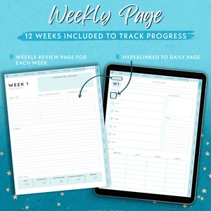 May include: Digital weekly planner with a light blue and white design. The planner includes sections for tracking progress, weekly reviews, and daily pages. Text includes "Weekly Page" and "12 Weeks Included to Track Progress."