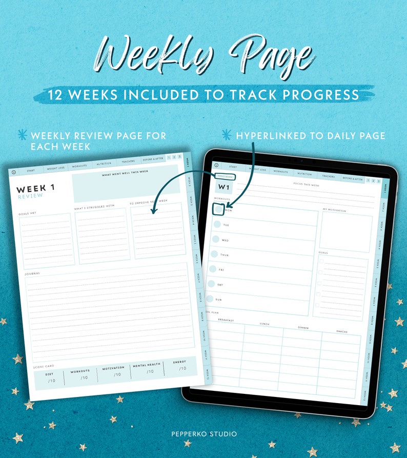 May include: Digital weekly planner with a light blue and white design. The planner includes sections for tracking progress, weekly reviews, and daily pages. Text includes "Weekly Page" and "12 Weeks Included to Track Progress."