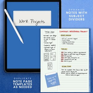May include: A digital tablet screen displaying a handwritten note with the title "Work Projects". The note includes a list of design ideas for a company infographic project, including the use of brand colors, custom type, and a pyramid layout to show importance. The note also includes a timeline and action items for the project.