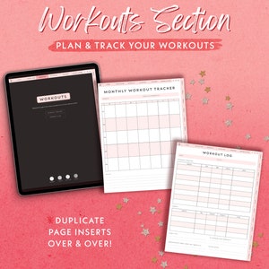 May include: A digital planner with a black cover and the text "Workouts Section Plan & Track Your Workouts" on the front. The planner includes a monthly workout tracker and a workout log.