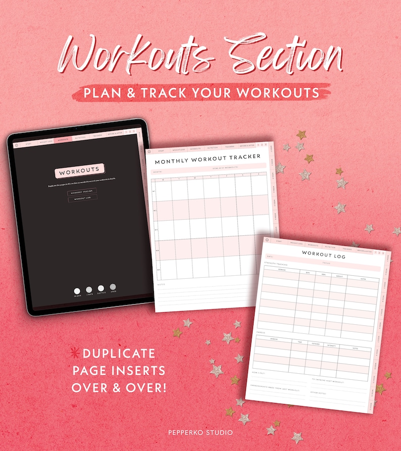 May include: A digital planner with a black cover and the text "Workouts Section Plan & Track Your Workouts" on the front. The planner includes a monthly workout tracker and a workout log.