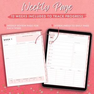 May include: A digital planner page with a pink background and gold stars. The page is titled "Weekly Page" and includes a weekly review section and a daily page. The weekly review section includes a scorecard for diet, workouts, motivation, mental health, and energy. The daily page includes sections for workouts, nutrition, and tracking.