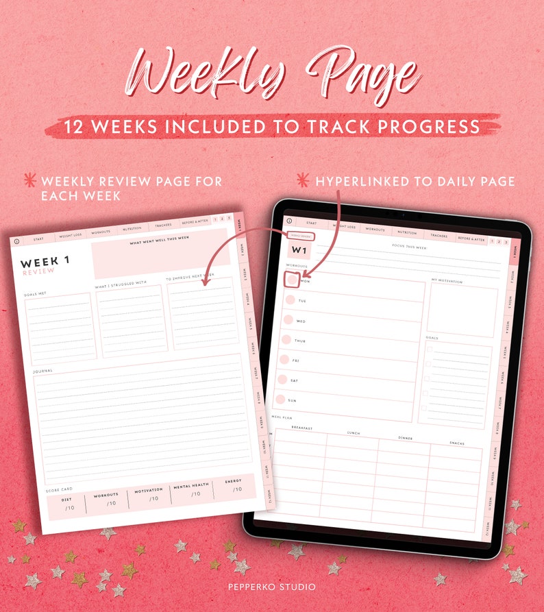 May include: A digital planner page with a pink background and gold stars. The page is titled "Weekly Page" and includes a weekly review section and a daily page. The weekly review section includes a scorecard for diet, workouts, motivation, mental health, and energy. The daily page includes sections for workouts, nutrition, and tracking.