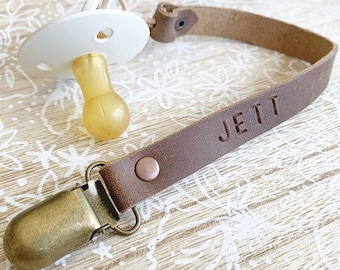 Personalized leather paci clip (BROWN)