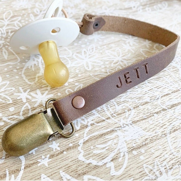 Personalized leather paci clip (BROWN)