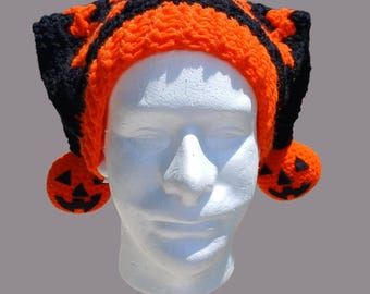 Crocheted Jack O Lantern Jester Hat, Halloween Acrylic Yarn, Black Orange Costume Accessory